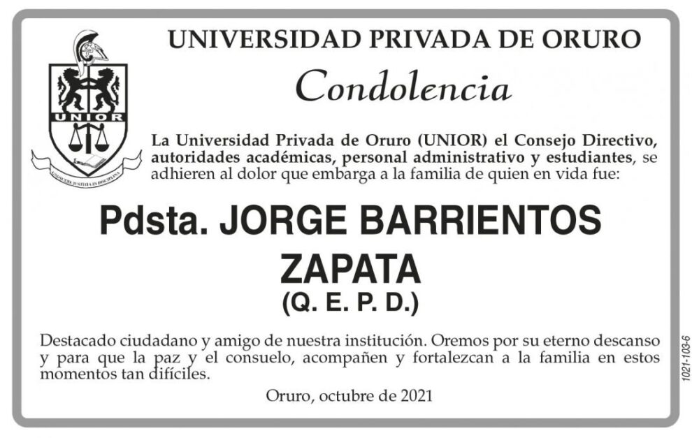 Condolencia por el fallecimiento de Pdsta. Jorge Barrientos Zapata