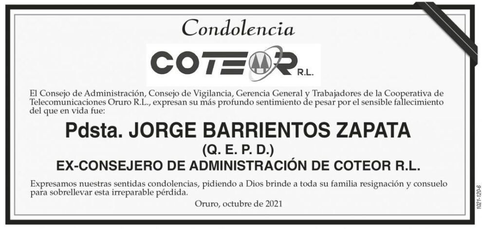Condolencia por el fallecimiento de Jorge Barrientos Zapata