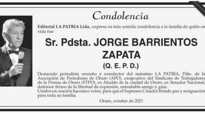 Condolencia por la muerte de Jorge Barrientos Zapata