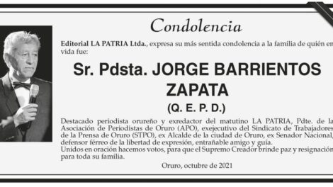 Condolencia por la muerte de Jorge Barrientos Zapata