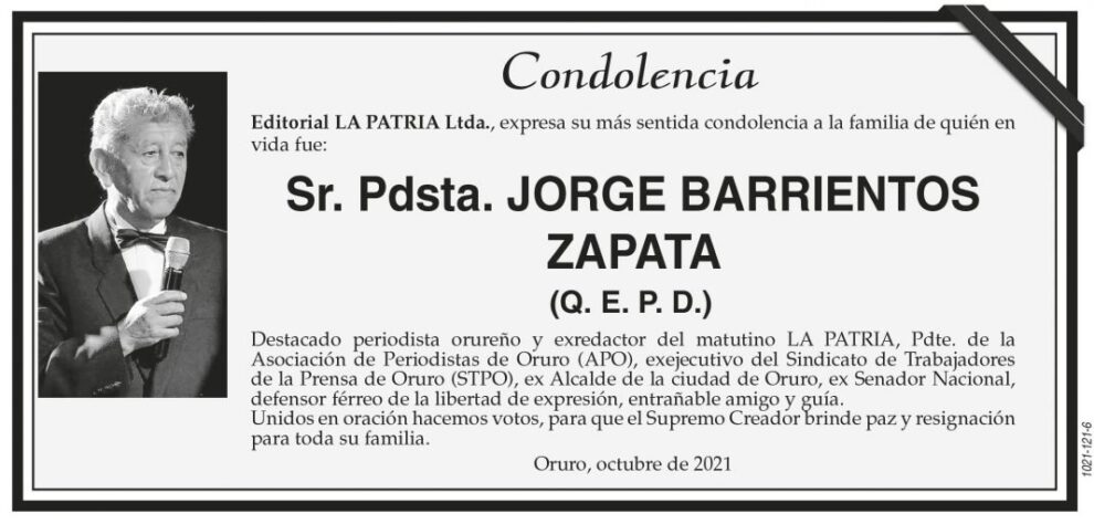Condolencia por la muerte de Jorge Barrientos Zapata