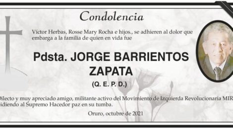 Condolencia por la muerte de Pdsta. Jorge Barrientos Zapata