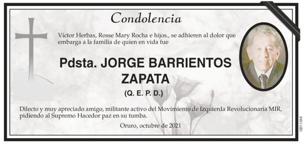 Condolencia por la muerte de Pdsta. Jorge Barrientos Zapata