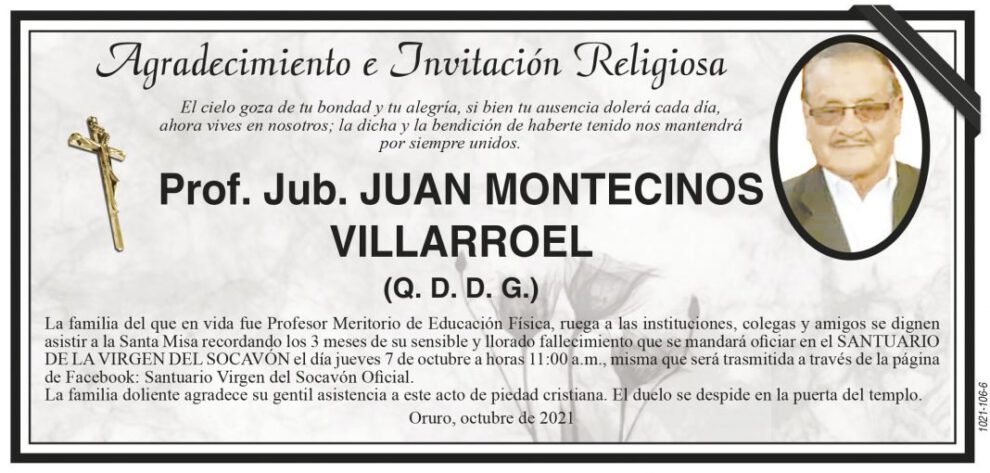 Agradecimiento e Invitación Religiosa por Prof. Jub. Juan Montecinos Villarroel