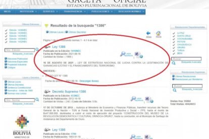 Ley de estrategia contra ganancias ilícitas publicada en la Gaceta Oficial de Bolivia