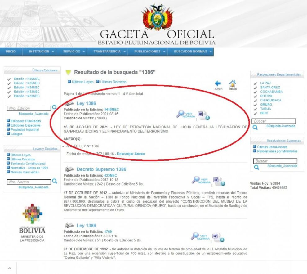Ley de estrategia contra ganancias ilícitas publicada en la Gaceta Oficial de Bolivia