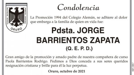 Condolencia por Jorge Barrientos Zapata