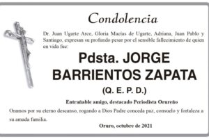 Condolencia por el fallecimiento de Jorge Barrientos Zapata