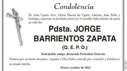 Condolencia por el fallecimiento de Jorge Barrientos Zapata