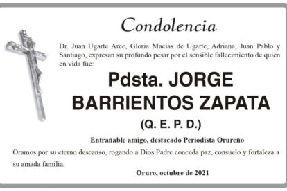 Condolencia por el fallecimiento de Jorge Barrientos Zapata