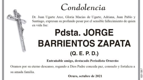 Condolencia por el fallecimiento de Jorge Barrientos Zapata