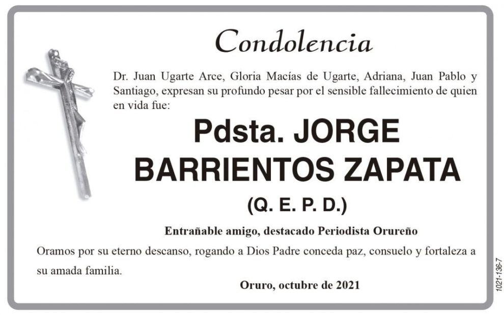 Condolencia por el fallecimiento de Jorge Barrientos Zapata