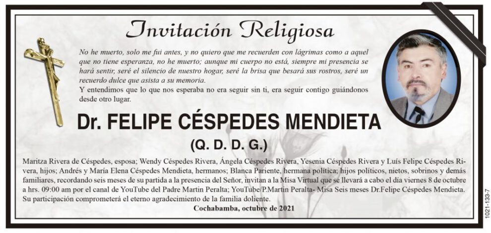 Invitación Religiosa: Dr. Felipe Céspedes Mendieta