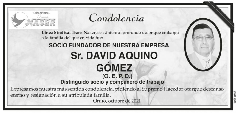 Condolencia por David Aquino Gómez