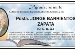 Agradecimiento por la partida de Jorge Barrientos Zapata