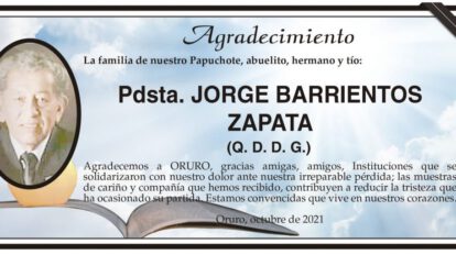 Agradecimiento por la partida de Jorge Barrientos Zapata