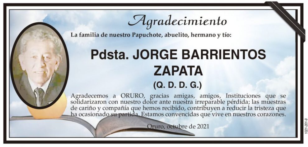 Agradecimiento por la partida de Jorge Barrientos Zapata