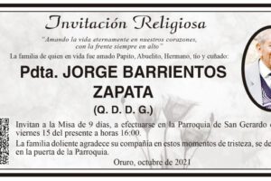 Invitación Religiosa a la Misa de 9 días por Pdta. Jorge Barrientos Zapata