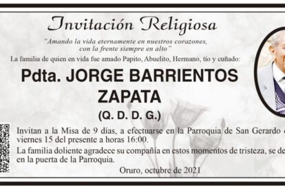 Invitación Religiosa a la Misa de 9 días por Pdta. Jorge Barrientos Zapata
