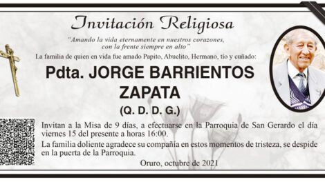 Invitación Religiosa a la Misa de 9 días por Pdta. Jorge Barrientos Zapata