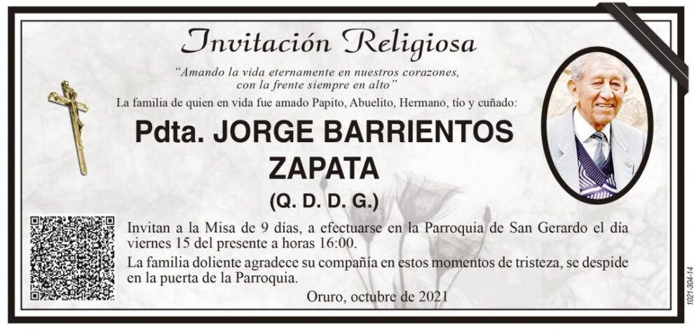 Invitación Religiosa a la Misa de 9 días por Pdta. Jorge Barrientos Zapata