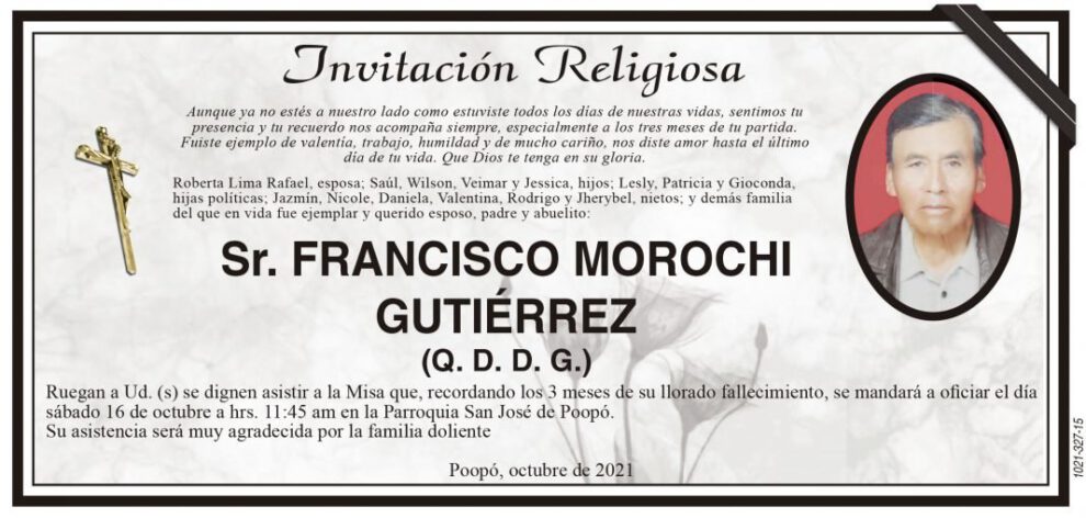 Invitación Religiosa para Francisco Morochi Gutiérrez