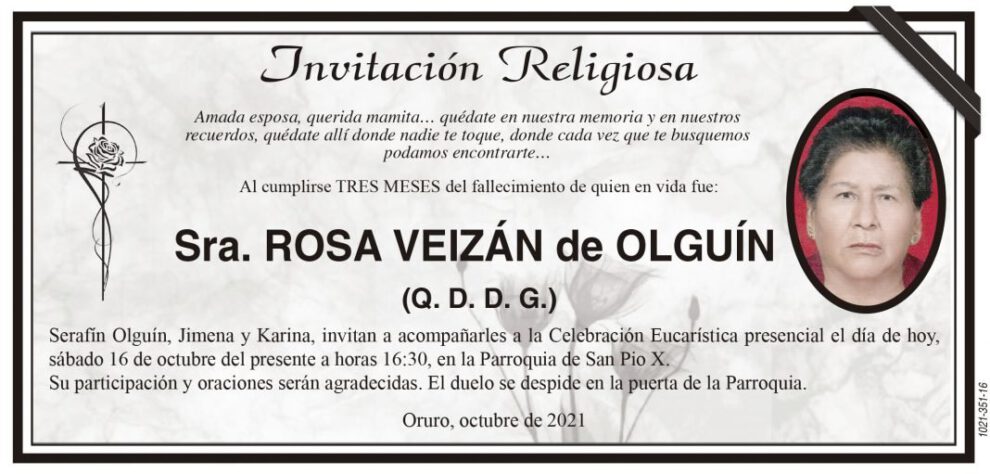 Invitación Religiosa: Rosa Veizán de Olguín