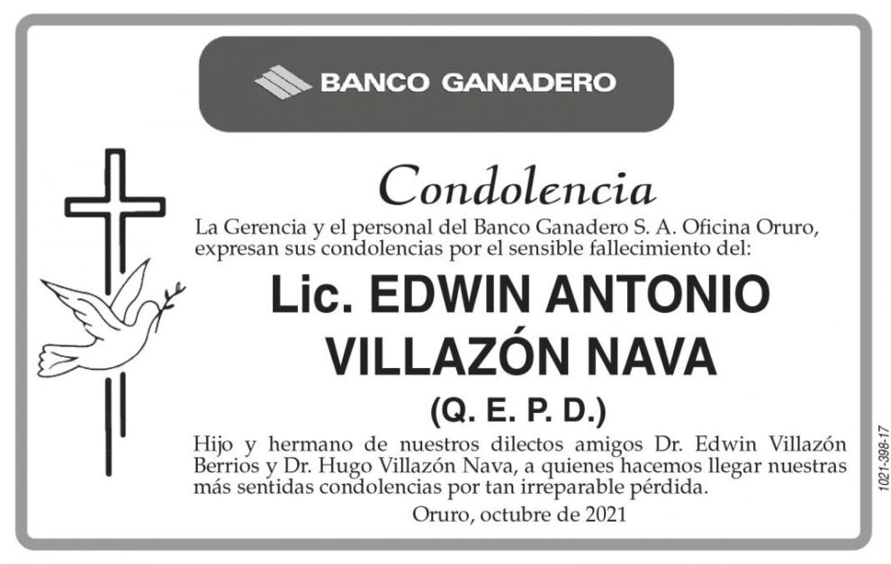 Condolencia por Lic. Edwin Antonio Villazón Nava