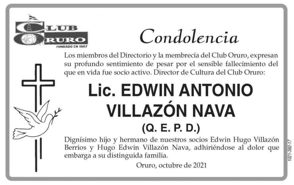 Condolencia por el fallecimiento de Lic. Edwin Antonio Villazón Nava