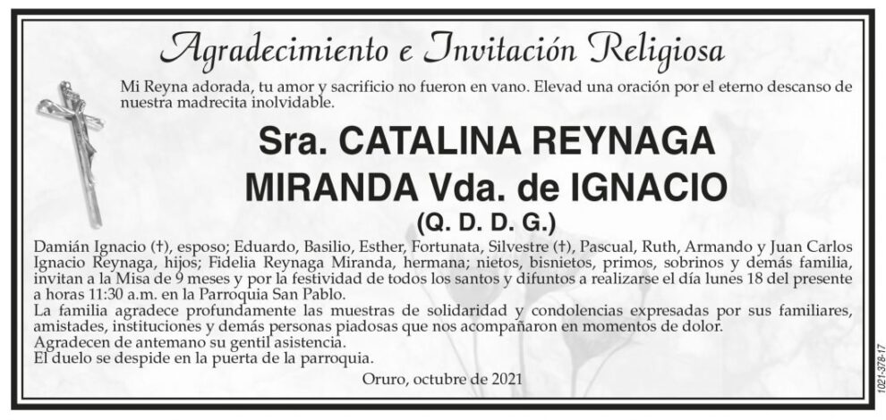 Agradecimiento e Invitación Religiosa por Catalina Reynaga