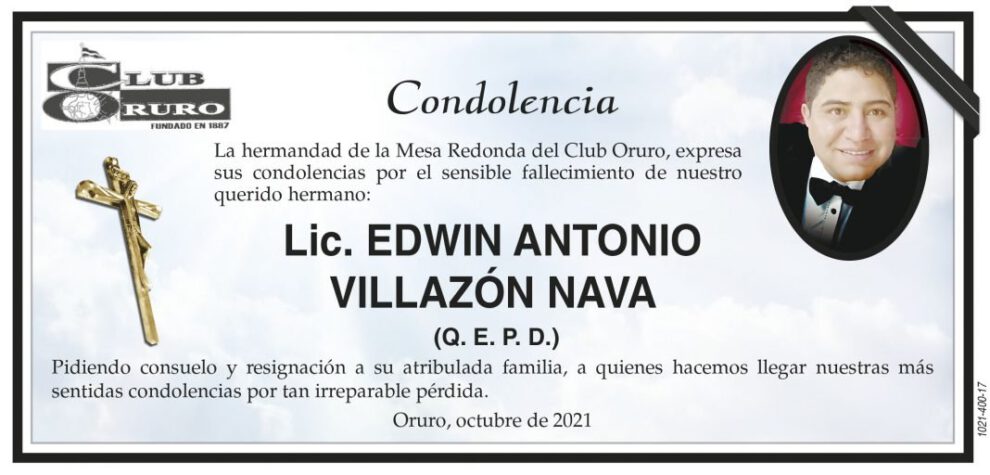 Condolencia por el fallecimiento de Lic. Edwin Antonio Villazón Nava