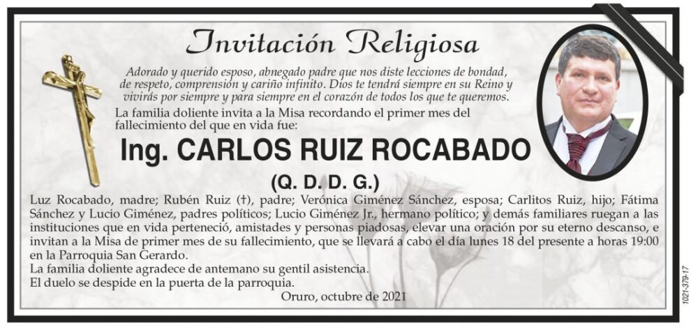 Ing. Carlos Ruiz Rocabado, invitación a misa recordatoria