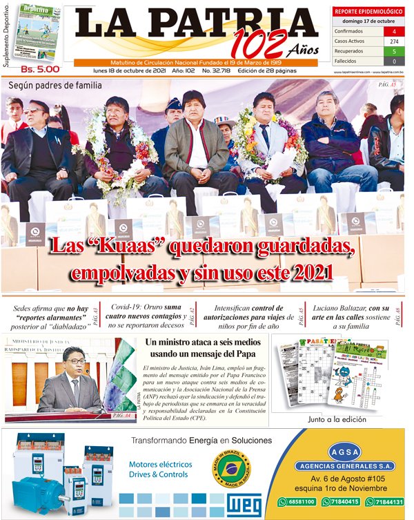 Edición impresa La Patria del 18 de octubre de 2021