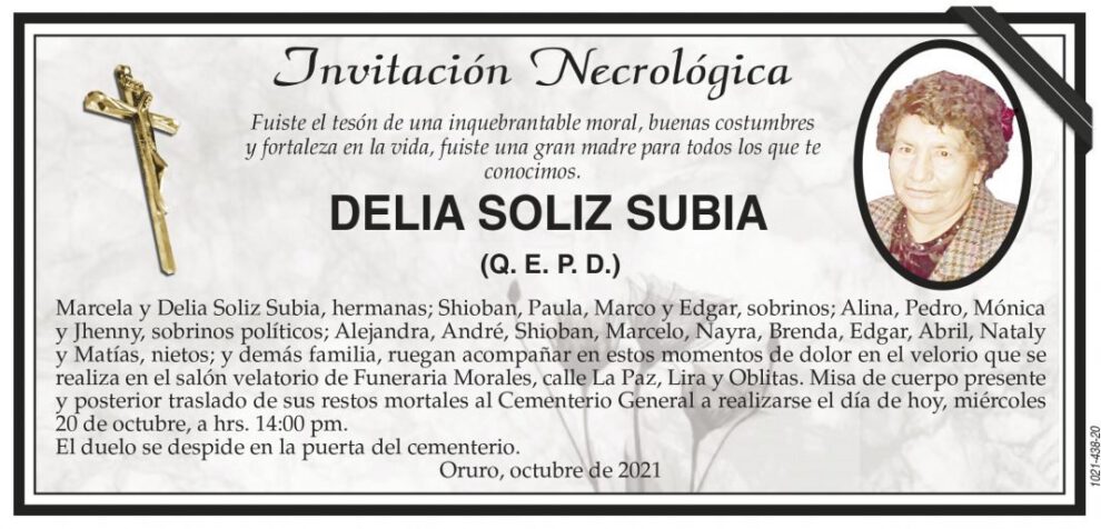 Invitación Necrológica de Delia Soliz Subia