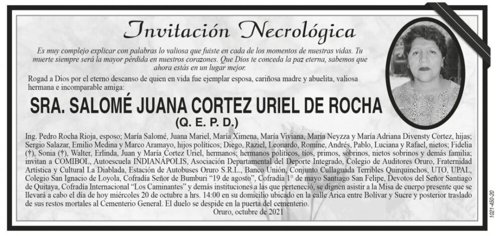 Invitación Necrológica de Salomé Juana Cortez Uriel de Rocha