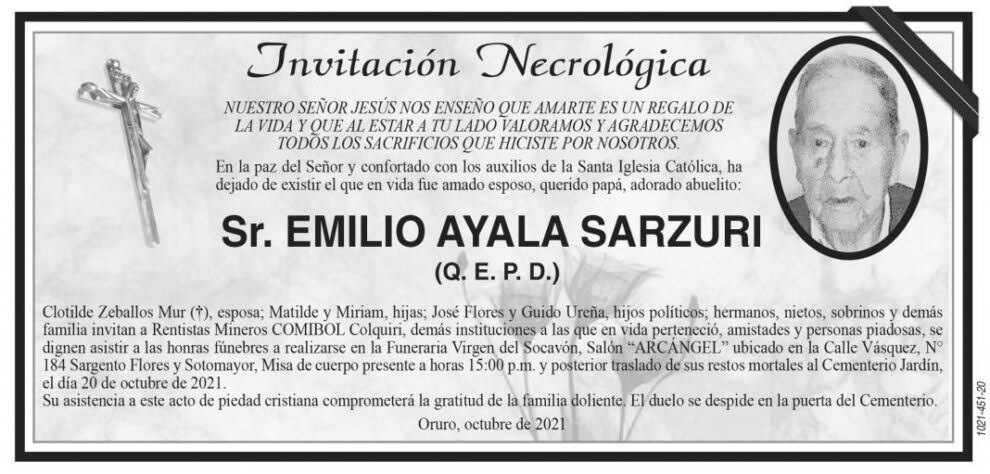 Invitación Necrológica: Sr. Emilio Ayala Sarzuri