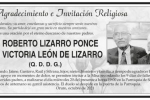 Agradecimiento e Invitación Religiosa: Sr. Roberto Lizarro Ponce y Sra. Victoria León de Lizarro