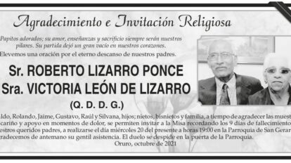 Agradecimiento e Invitación Religiosa: Sr. Roberto Lizarro Ponce y Sra. Victoria León de Lizarro
