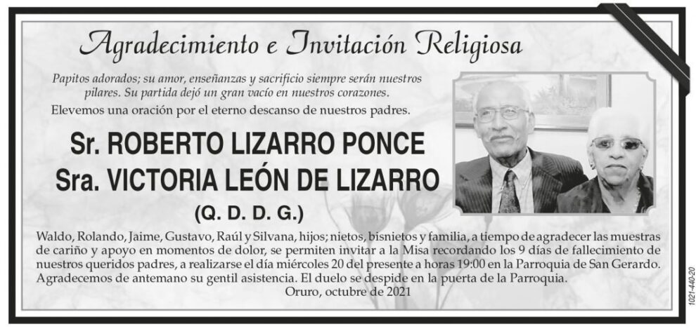 Agradecimiento e Invitación Religiosa: Sr. Roberto Lizarro Ponce y Sra. Victoria León de Lizarro
