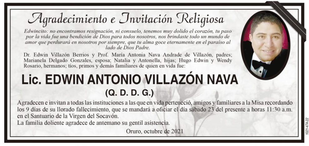 Agradecimiento e Invitación Religiosa por Lic. Edwin Antonio Villazón Nava