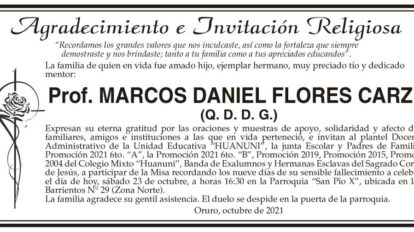 Agradecimiento e Invitación Religiosa por Prof. Marcos Daniel Flores Carzil
