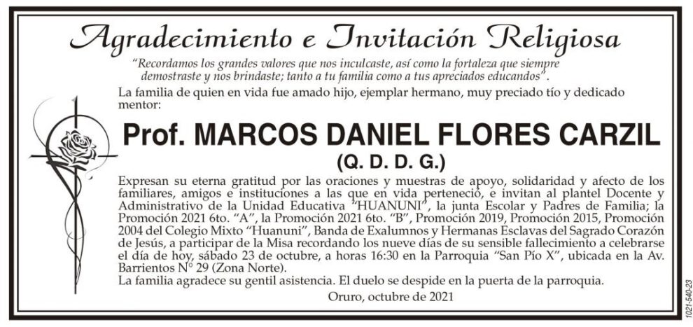 Agradecimiento e Invitación Religiosa por Prof. Marcos Daniel Flores Carzil