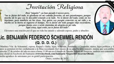 Lic. Benjamín Federico Schemmel Rendón, invitación a misa recordatoria