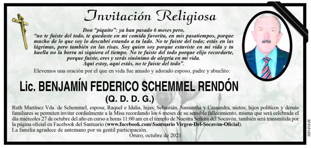 Lic. Benjamín Federico Schemmel Rendón, invitación a misa recordatoria