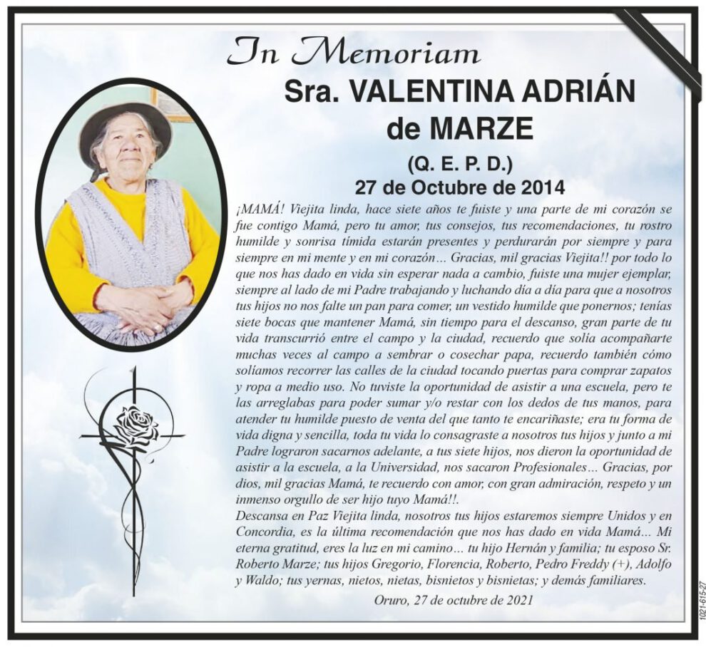 Obituario de Valentina Adrián de Marze