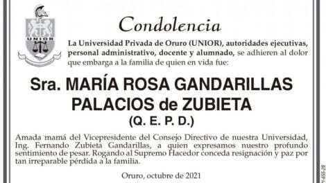 Condolencia por María Rosa Gandarillas Palacios de Zubieta