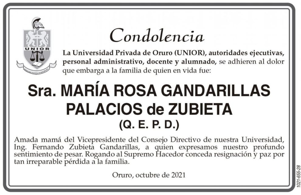 Condolencia por María Rosa Gandarillas Palacios de Zubieta