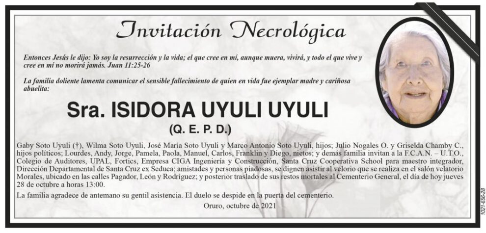 Invitación Necrológica de Isidora Uyuli Uyuli