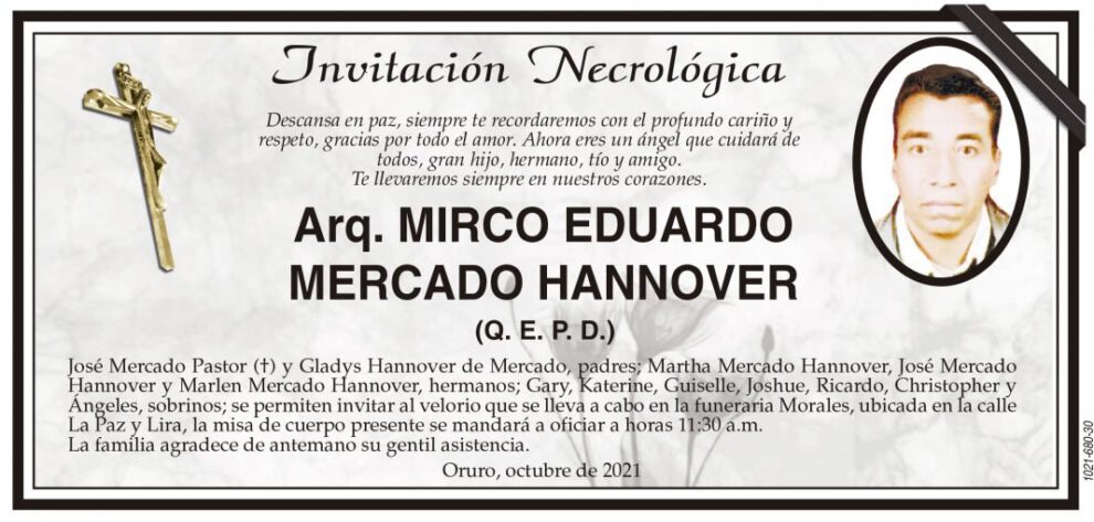 Invitación Necrológica Arq. Mirco Eduardo Mercado Hannover