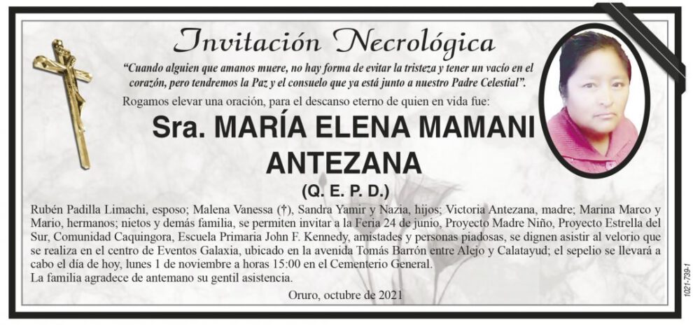 Invitación Necrológica para María Elena Mamani Antezana
